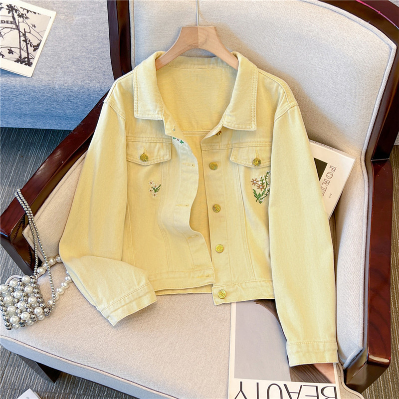 Embroidery Yellow Flower - جاكيت جينز نسائي قصير أصفر بتطريز