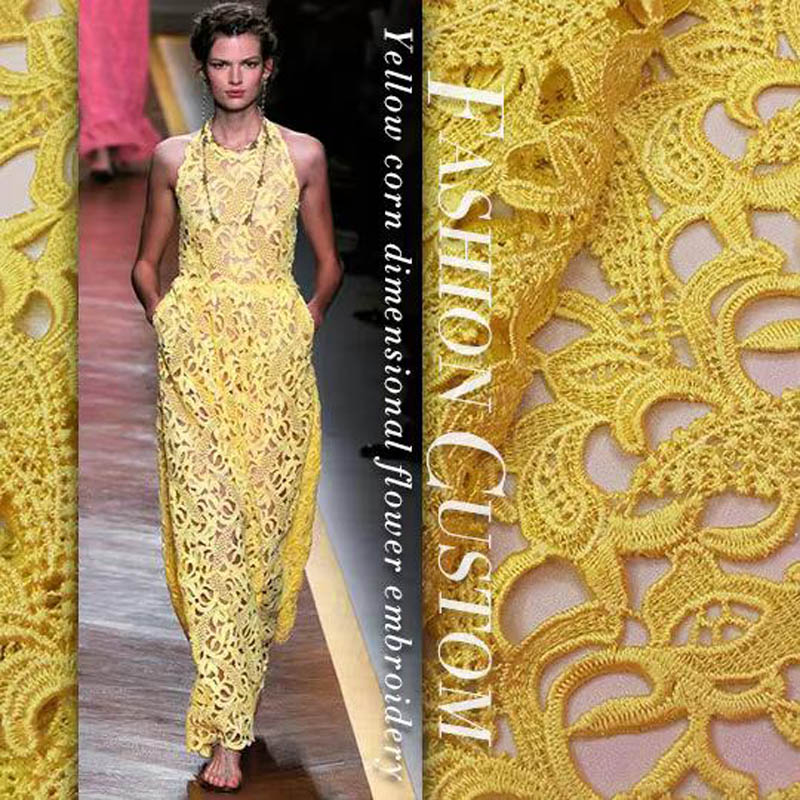 Embroidery Yellow Flower - الراقية الدانتيل القماش الأصفر ستيريو التطريز